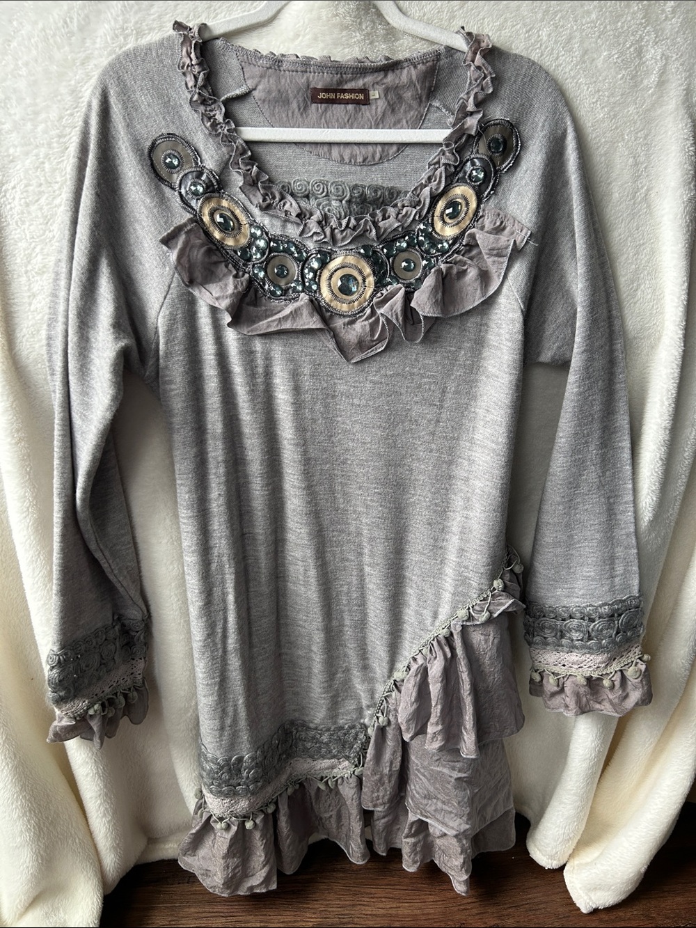 John fashion Boho Women's Gray Embellished Ruffle Tunic ruffled beaded medallion